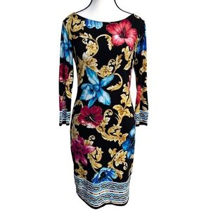 VTG Cache Sheath Dress 2 Floral Baroque Black Gold Mob Wife Bodycon Maximalist